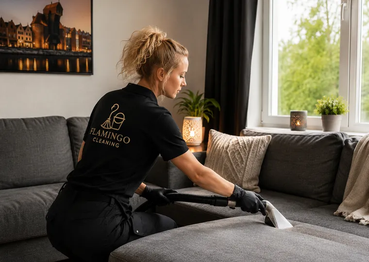Pracownica Flamingo Cleaning wykonuje ofertę sprzątania kanapy.