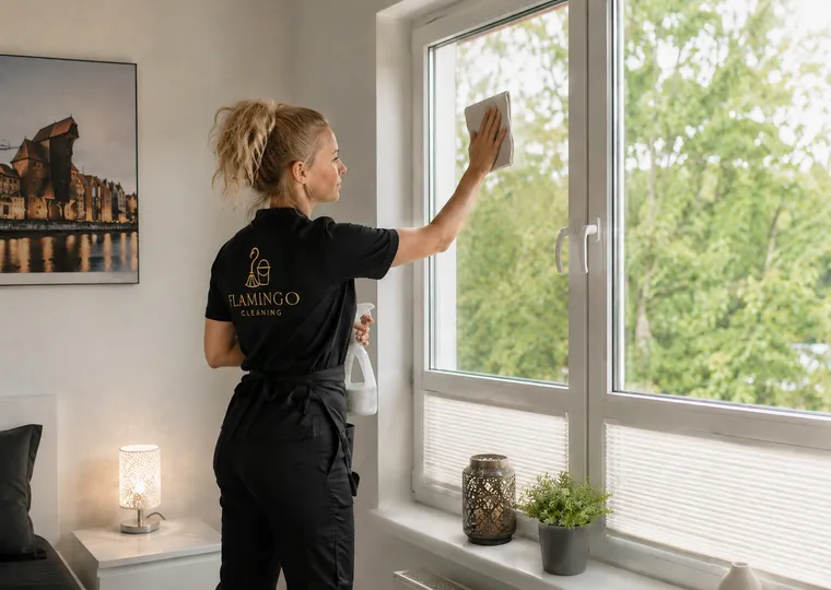 Pracownica myjąca okno, profesjonalna oferta sprzątania